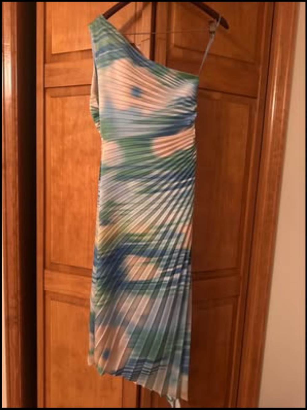 Badgley Mischka One-Shoulder Maxi Dress in Blue, Green & White Watercolor